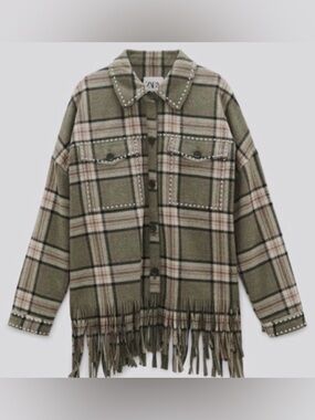 ZARA Green and Pink Plaid Fringe Jacket